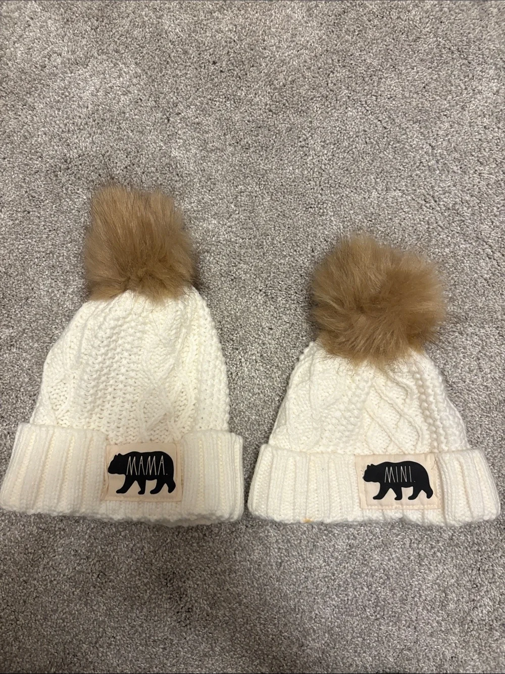 Rae Dunn Mama & Mini Ivory Cable Knit Pom Beanie Set